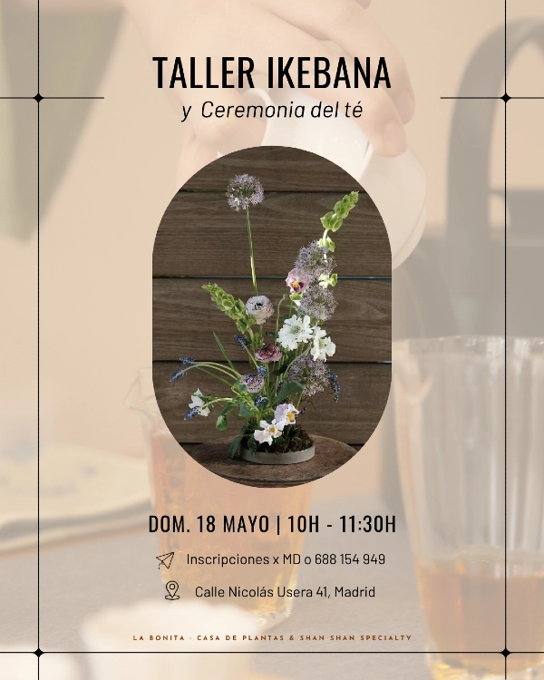 Cartel de taller Ikebana con imagen de unas flores